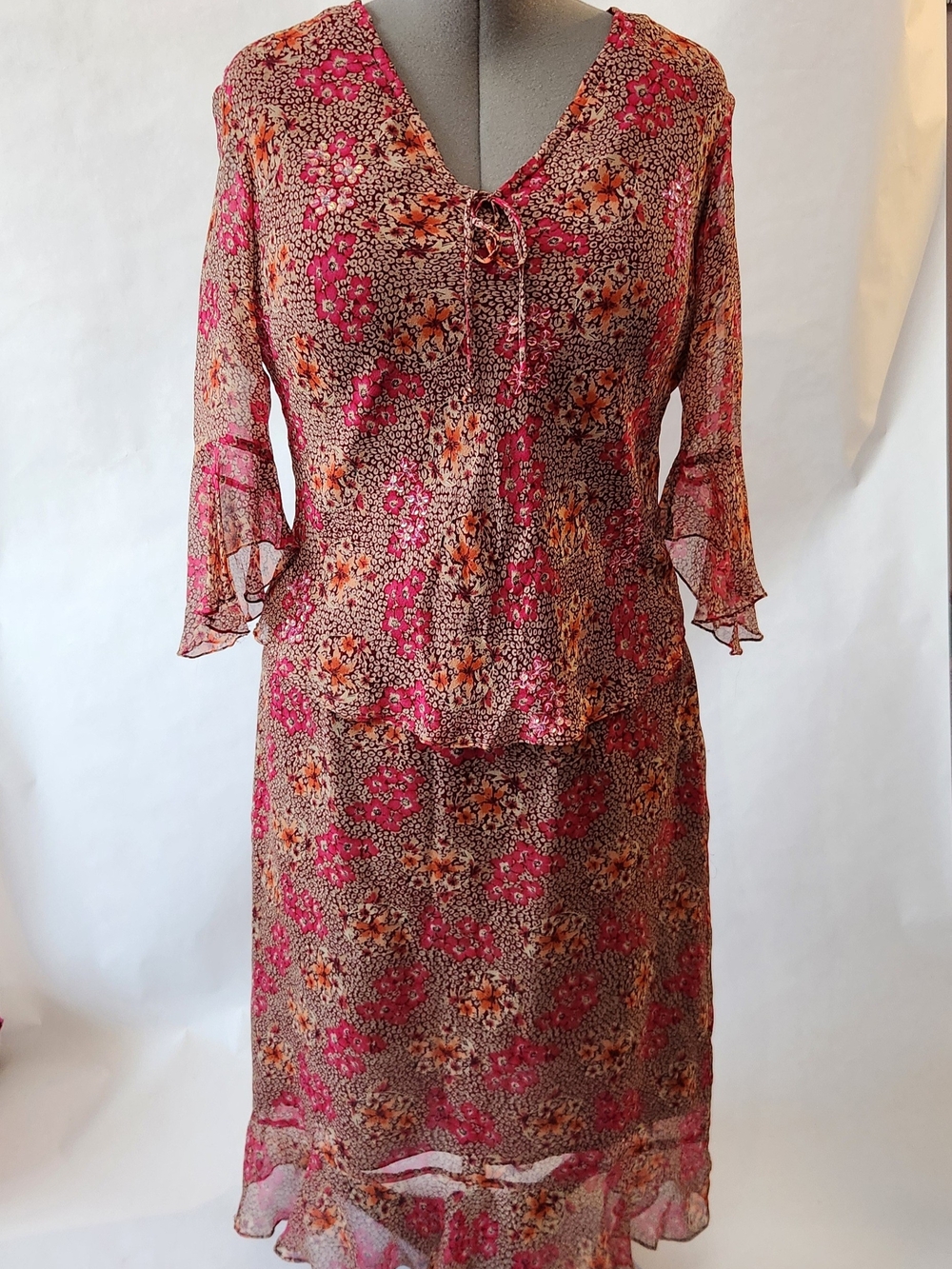 Vintage 90s/Y2K Silkland Matching Top + Midi Skirt Set in Brown/Pink/Orange